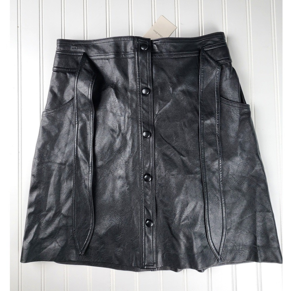 Idem Ditto Skirt Women Size L Moto Black‎ Faux Leather Tie Belt Dark Academia